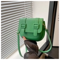Minimalist green leather crossbody bag with dual square buckles and golden hardware - Green