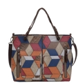 Sac fourre-tout en cuir patchwork avec panneaux multicolores et poches zippées doubles - Bordeaux