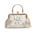 Vintage Chinese style white floral embroidery handbag with gold metal clasp and chain - White Base (Blue Flower Gold Branch)