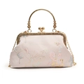Elegant pale pink jacquard floral evening bag with golden round metal handle and chain - Pink (Butterfly Floral Jacquard)