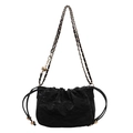 Chic black drawstring cloud bag with pleated texture and gold chain shoulder strap - Black