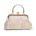 Pink floral jacquard cheongsam bag with pearl clasp and golden ring handle - Mauve (Small Floral Pattern)