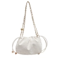 Minimalist white pleated cloud bag with drawstring and golden chain strap - Off White