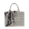 Floral embroidered tote bag with bow scarf handle and horizontal BAG logo webbing - White