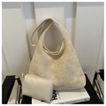 Minimalist beige woven straw hobo tote bag with matching pouch on a luxury chair - Beige Bag With Matching Strap Set / Off White
