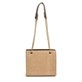 Woven tote bag with gold chain strap and beige herringbone pattern on white background - Straw Brown