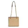 Chic beige and coffee houndstooth crossbody bag with gold chain and leather strap - Houndstooth Brown