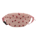 Pink corduroy crossbody bag featuring red strawberry patterns and adjustable strap - Pink