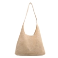 Beige woven mesh tote bag with long flat shoulder straps for beach and summer use - Off White