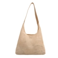 Light beige woven mesh beach tote bag with wide synthetic leather shoulder straps - Khaki