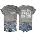 Vorder- und Rückansicht des grauen Baseball Mom T-Shirts mit zerrissenen Jeansshorts - S / Dunkelgrau (Weiße Schrift)