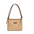 Borsa a tracolla in paglia intrecciata con spalline in pelle marrone e trama pied de poule - Paglia Marrone