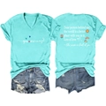 Detailed front and back views of light blue V-neck T-shirt with inspirational quotes - Deep Water Blue