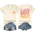 Front and back view of V-neck T-shirt with vintage slogan and distressed denim shorts - S / Sand