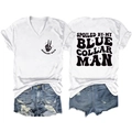 Detail of V-neck white T-shirt with Spoiled Wife print and distressed denim shorts - S / White (Black Font)