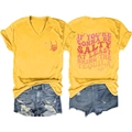 Detail of V-neck T-shirt back print 'If You're Gonna Be Salty' and denim shorts - S / Yellow