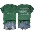 Detail of V-neck T-shirt back print with flowers and you are enough slogan text - Vintage Green