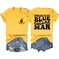 Detail view of V-neck T-shirt back with Spoiled By My Blue Collar Man black vintage print - S / Yellow (Black Font)