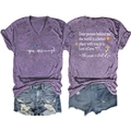 Front and back view of purple V-neck T-shirt with inspirational slogan and graphics - Purple