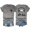 Front and back view of heather grey T-shirt with vintage skull and savage graphics - S / Dark Gray