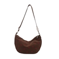 Brown corduroy half-moon crossbody bag with red strawberry pattern and adjustable strap - Brown