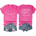 Flat lay of pink V-neck T-shirt and denim shorts with inspirational text detail - Rose Red
