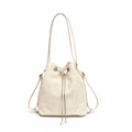 Versatile off-white drawstring bucket bag with silver butterfly clip and pearl details - White