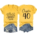 Detail of V-neck Birthday Queen T-shirt and denim shorts set with Chapter 40 back print - S / Yellow