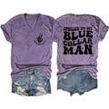 T-shirt violet col en V avec slogan au dos et short en jean déchiré à plat - Violet (Police Noire)
