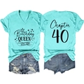 Detailed back view of light blue V-neck T-shirt with Chapter 40 birthday print - S / Deep Water Blue