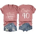 Front and back detail of Birthday Queen V-neck tee with denim shorts for 40th birthday - Rose Gold-White Font