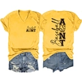 T-shirt Baseball Aunt giallo zenzero e pantaloncini di jeans strappati, fronte e retro - S / Giallo (Carattere Nero)