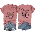 V-neck pink t-shirt with Birthday Queen print and ripped denim shorts set back view - Rose Gold-Black Font