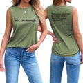 Vue avant et arrière d'un débardeur vert grisâtre avec imprimé You Are Enough stylé - Vert Olive (Police Noire)