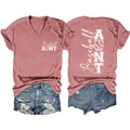 Detail view of pink V-neck baseball aunt T-shirt and ripped denim shorts with white prints - Rose Gold (White Font)