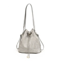 Silver grey drawstring bucket bag with butterfly buckle and pearl accents for women - Silver