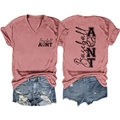 Flat lay of dusty rose V-neck Baseball Aunt tee and distressed denim shorts - Rose Gold (Black Font)