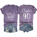 Detailed flat lay of purple V-neck T-shirt and denim shorts with Birthday Queen print - Purple-White Font