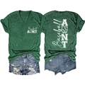 Front and back view of a heather dark green Baseball Aunt V-neck tee with denim shorts - Vintage Green (White Font)