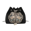 Elegant black velvet bucket bag featuring traditional Chinese floral embroidery and pearl chain - Black