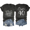 Detail view of charcoal V-neck t-shirt with Birthday Queen print and Chapter 40 back design - Black Heather Grey