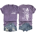 Close-up of Baseball AUNT V-neck t-shirt with sports print and distressed denim shorts - Purple (White Font)