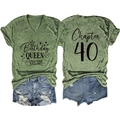 Front and back detail of Birthday Queen V-neck T-shirt with Chapter 40 back print - Olive Green