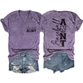 Women's V-neck Baseball Aunt purple t-shirt and ripped denim shorts set on white background - Purple (Black Font)