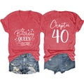 Red V-neck T-shirt with Birthday Queen print and ripped denim shorts outfit set - Red