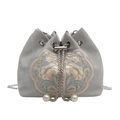 Light gray bucket bag with traditional Chinese floral embroidery and pearl drawstring - Silver