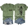 Front and back view of heather green V-neck T-shirt with Baseball AUNT print - Olive Green (Black Font)