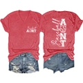 Front and back view of a red V-neck Baseball Aunt t-shirt with distressed denim shorts - Red (White Font)