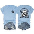 Détail du dos du t-shirt bleu clair avec imprimé tête de mort, fleurs et texte - S / Bleu clair