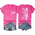 Front and back view of Baseball Aunt V-neck pink t-shirt with denim shorts set - Rose Red (White Font)